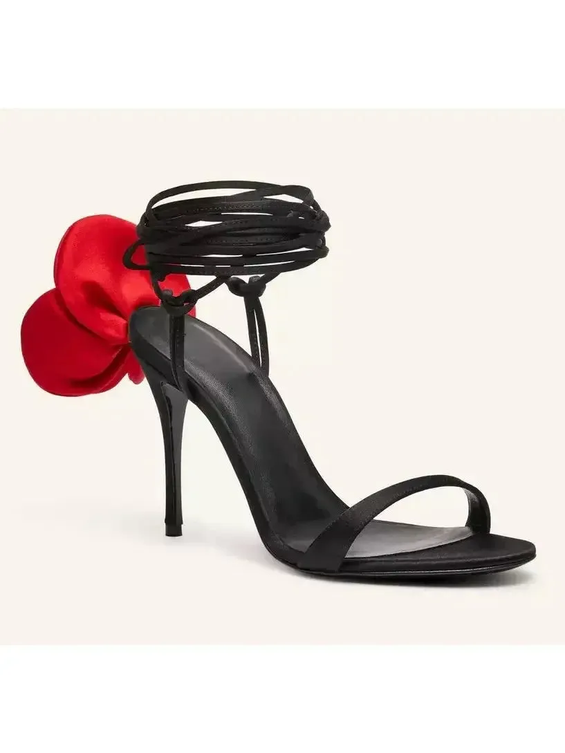 105mm Wrap-Around Satin Flower Sandals in Red and Black