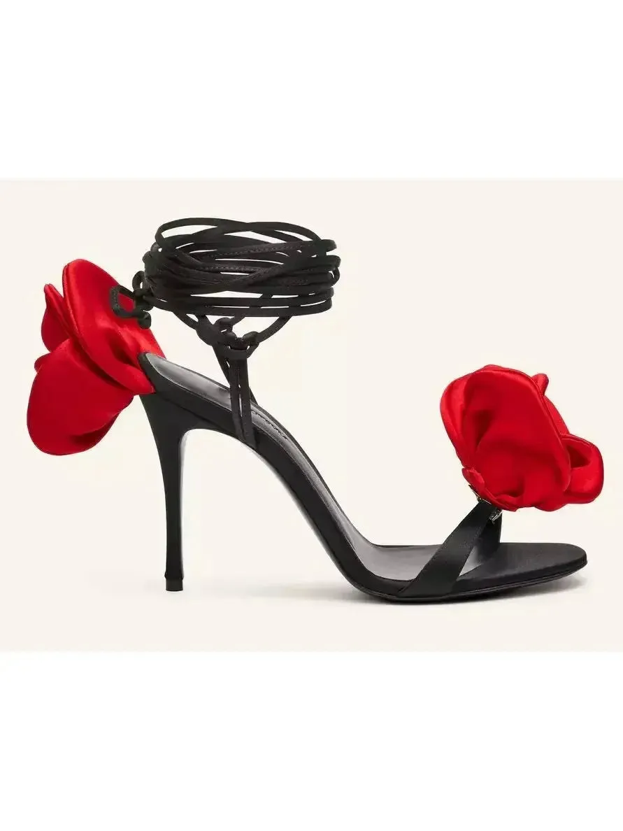 105mm Wrap-Around Satin Flower Sandals in Red and Black