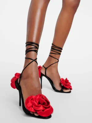 105mm Wrap-Around Satin Flower Sandals in Red and Black