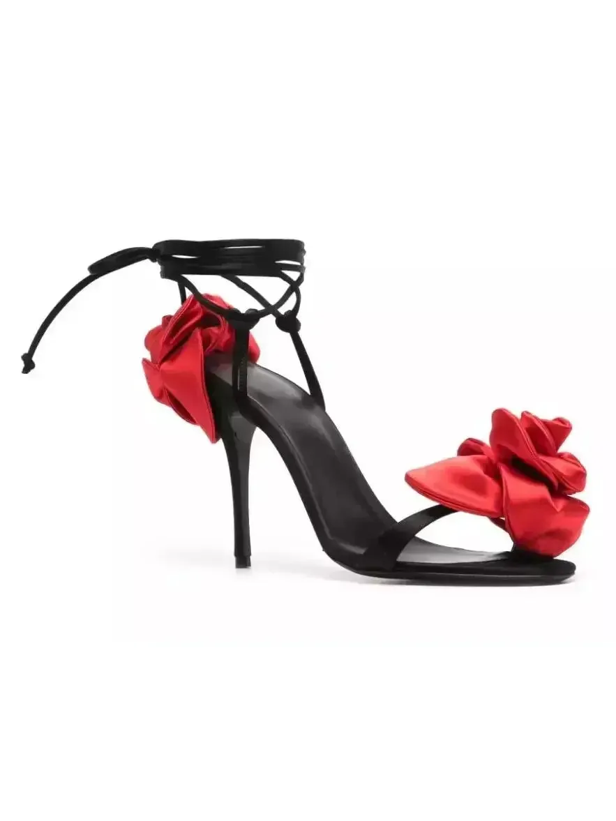 105mm Wrap-Around Satin Flower Sandals in Red and Black