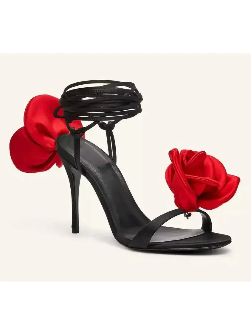 105mm Wrap-Around Satin Flower Sandals in Red and Black