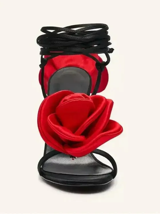 105mm Wrap-Around Satin Flower Sandals in Red and Black