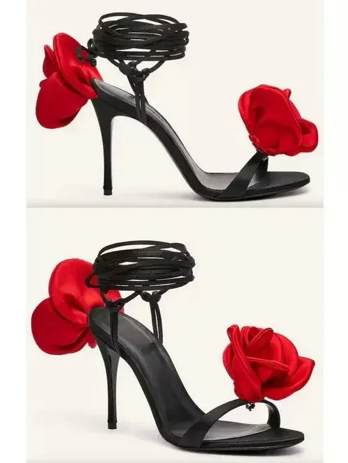 105mm Wrap-Around Satin Flower Sandals in Red and Black