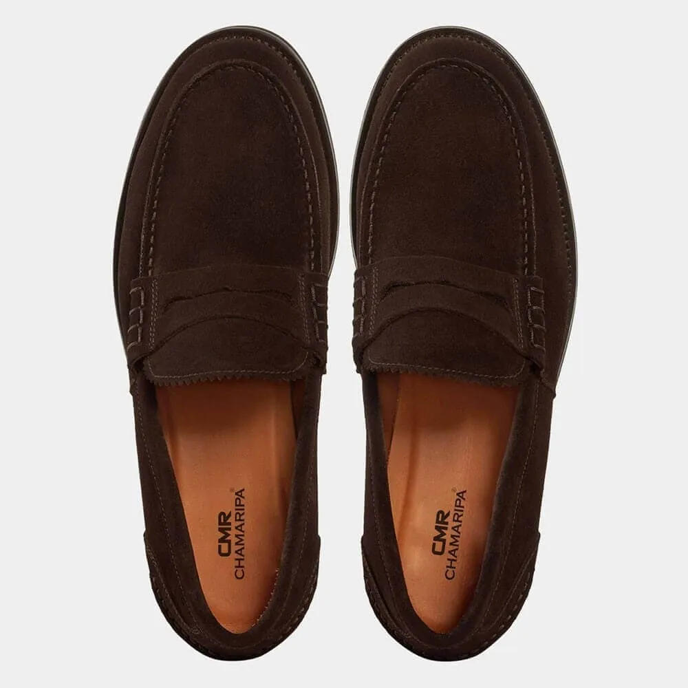 6 CM / 2.36 Inches (No Shoe Last) - CMR CHAMARIPA High Increasing Shoes - Raised Heel Shoes - Handcrafted Dark Brown Suede Penny Loafers