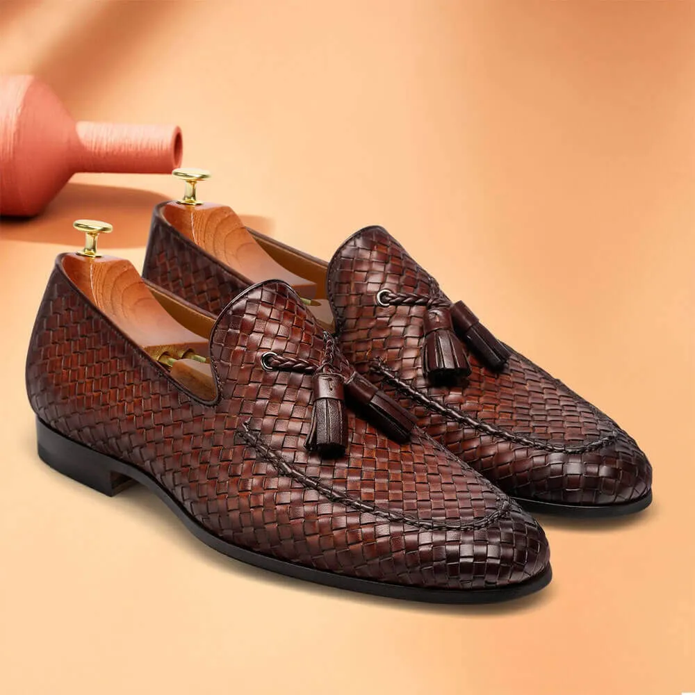 7 CM / 2.76 Inches - CMR CHAMARIPA Men's Elevator Shoes Brown Hand-Woven Leather Tassel Loafers High Heel Dress Shoes