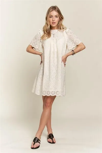 ADORA Ruffled Eyelet Round Neck Dress