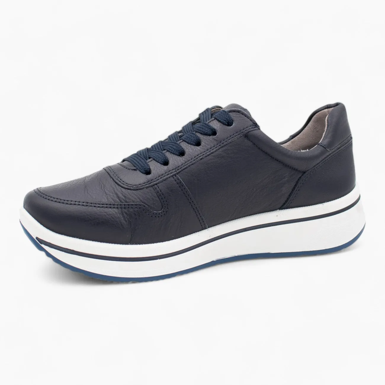 Ara Navy Leather Wide Fit Trainer Shoes for Women, Wedge Sole