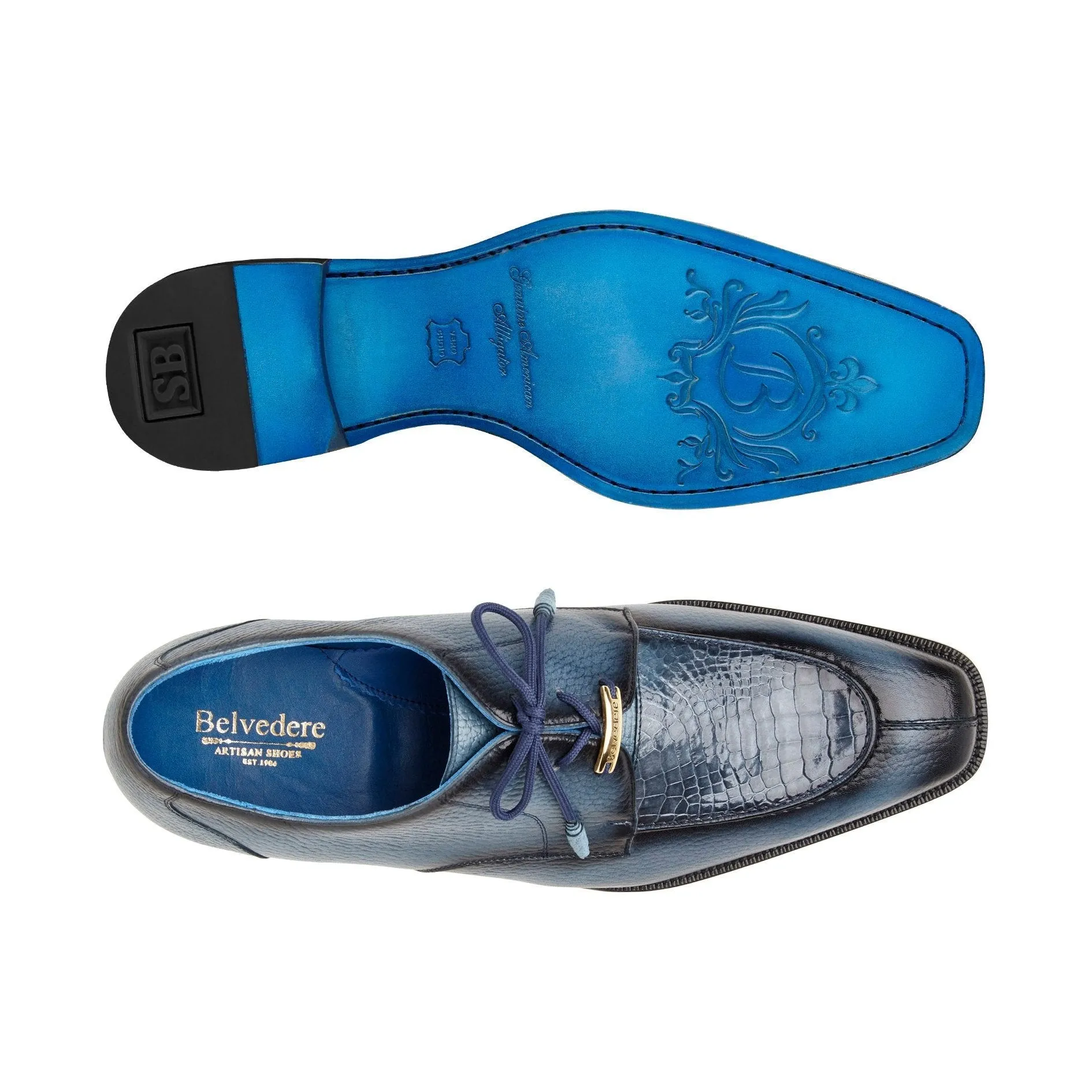 Belvedere Primo in Antique Blue Safari Alligator & Leather Oxfords