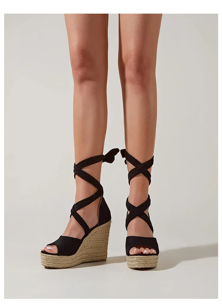 BerriesJam - Ankle Strap Pumps Platform Comfortable Flax Hemp Espadrilles