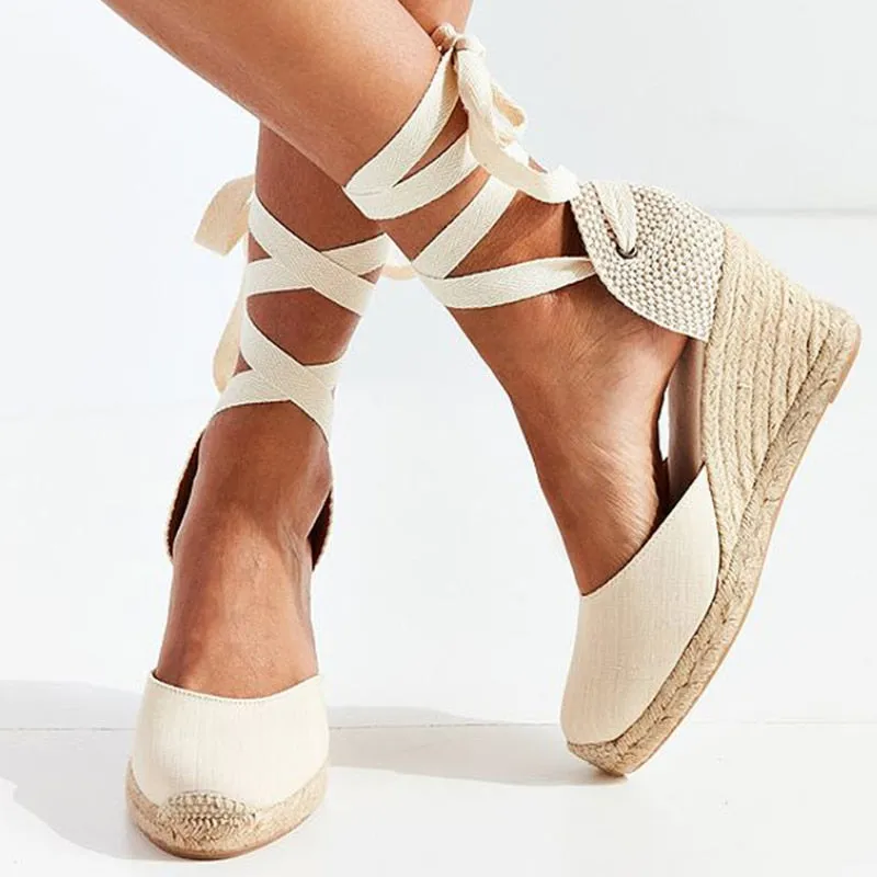 BerriesJam - Comfortable Lace Up On Heels Dancing Flax Espadrilles