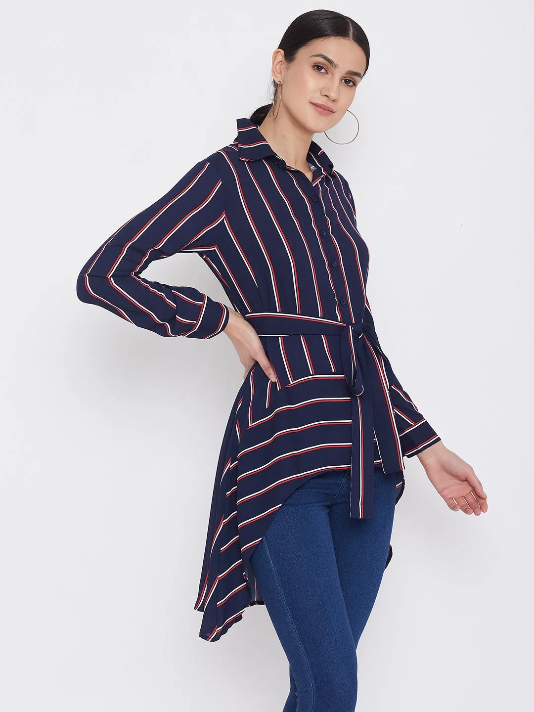 Berrylush Women Navy Blue & Red Striped Printed Collar Neck Waist Tie-Up Longline Shirt Top