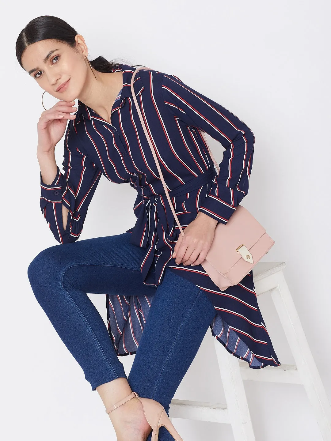 Berrylush Women Navy Blue & Red Striped Printed Collar Neck Waist Tie-Up Longline Shirt Top