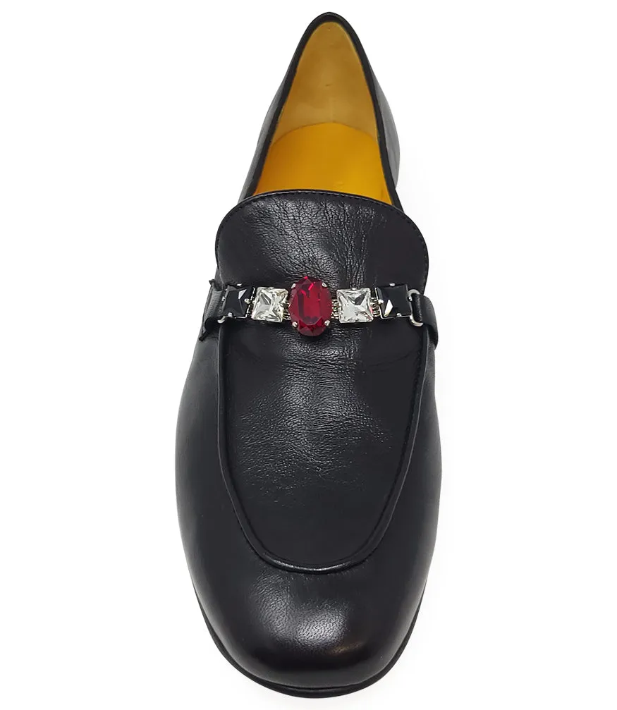 Black Leather Jeweled Loafer