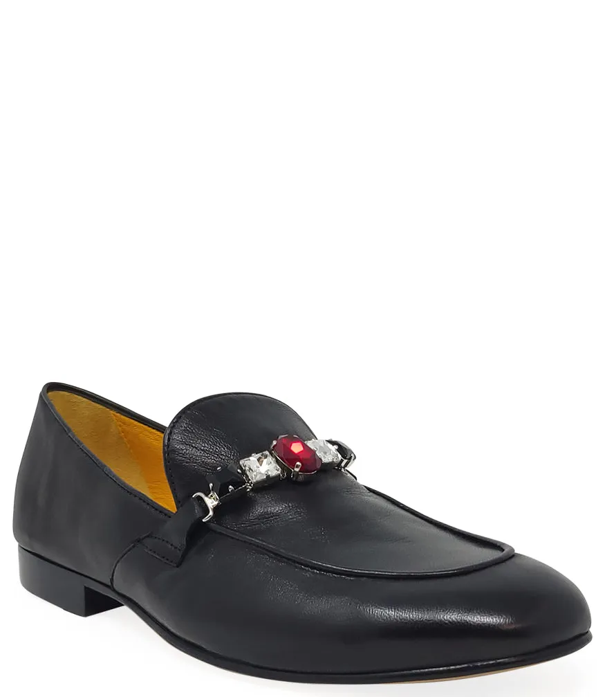 Black Leather Jeweled Loafer