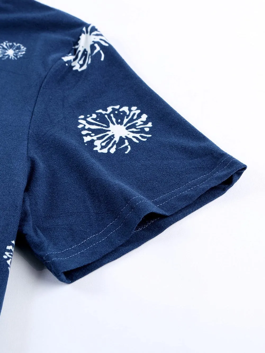 Blue Floral Star Print Crew Neck T-shirt