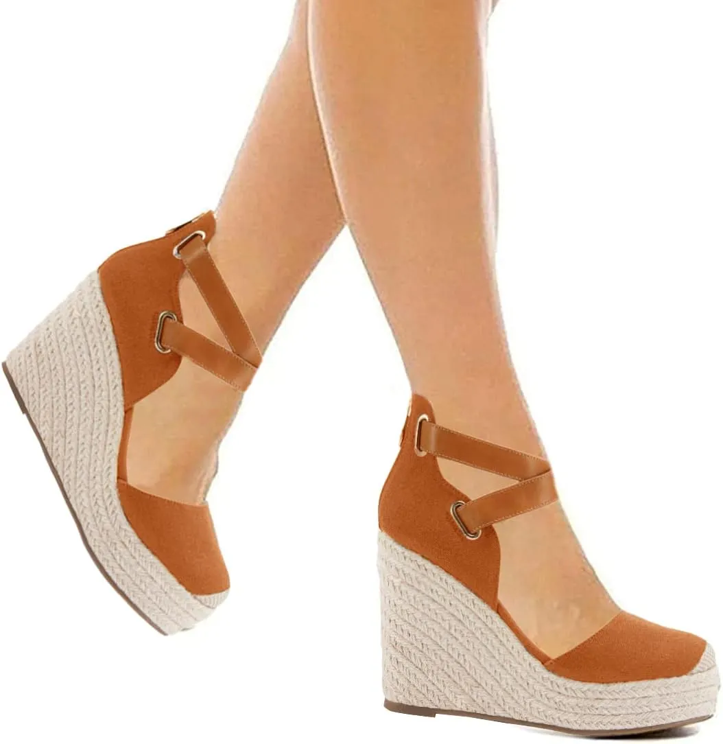 Brown Suede Wedge Ankle Strap Closed Toe Sandalse