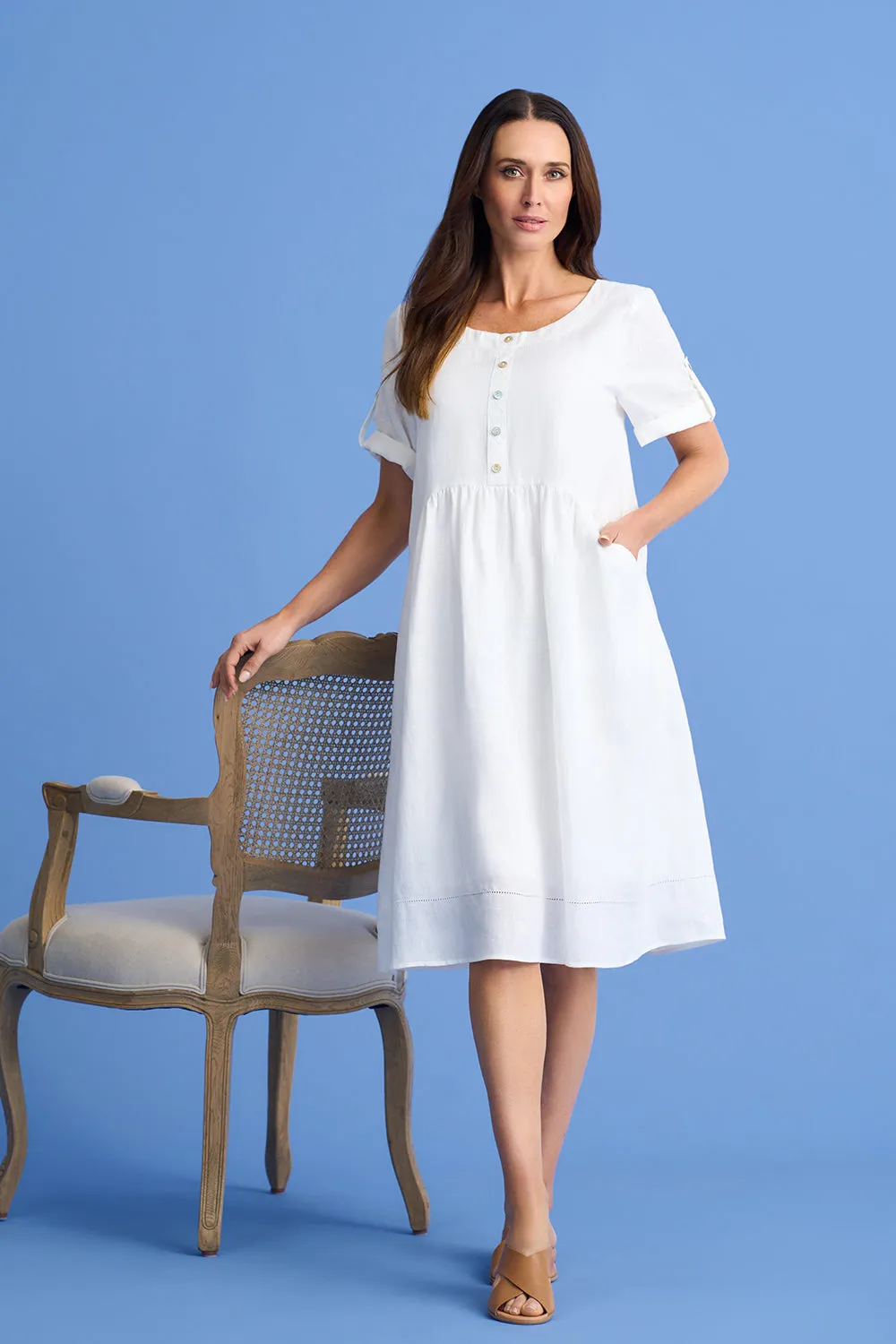 Button Detail Linen Dress - White