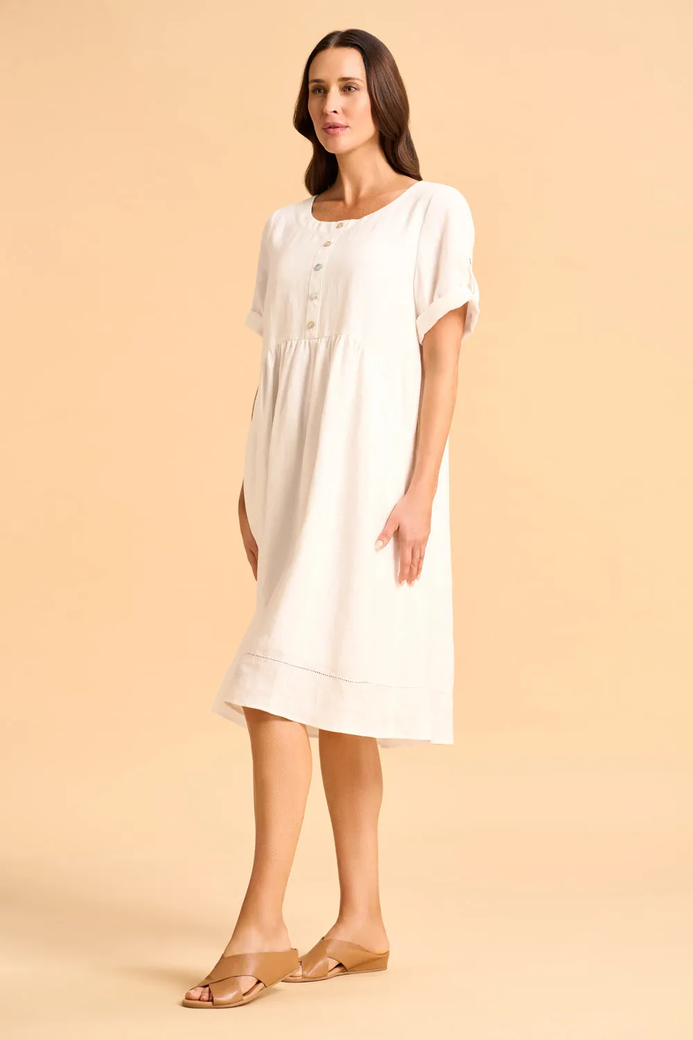 Button Detail Linen Dress - White