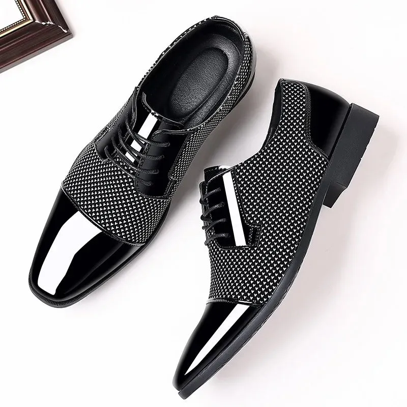 Classic Men’s Patent Leather Oxford Dress Shoes – Formal Lace-Up Brogues for Office, Wedding, and Party, Black PU Leather 2023