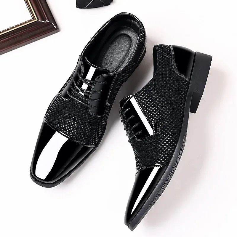 Classic Men’s Patent Leather Oxford Dress Shoes – Formal Lace-Up Brogues for Office, Wedding, and Party, Black PU Leather 2023