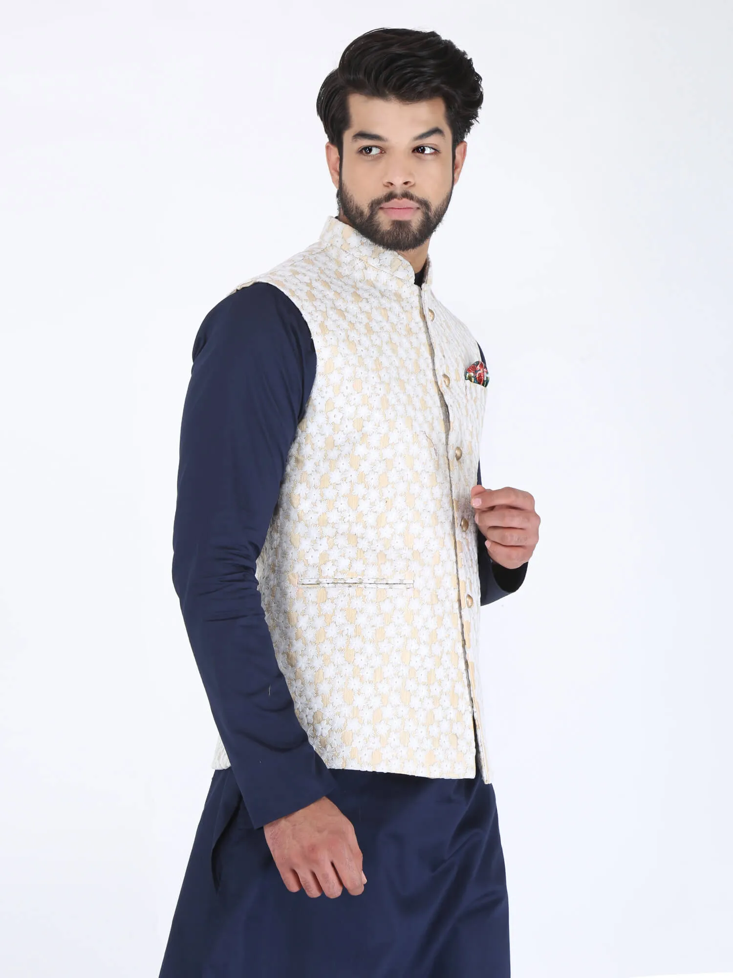 Cream White Flower Work Ethnic Jacket