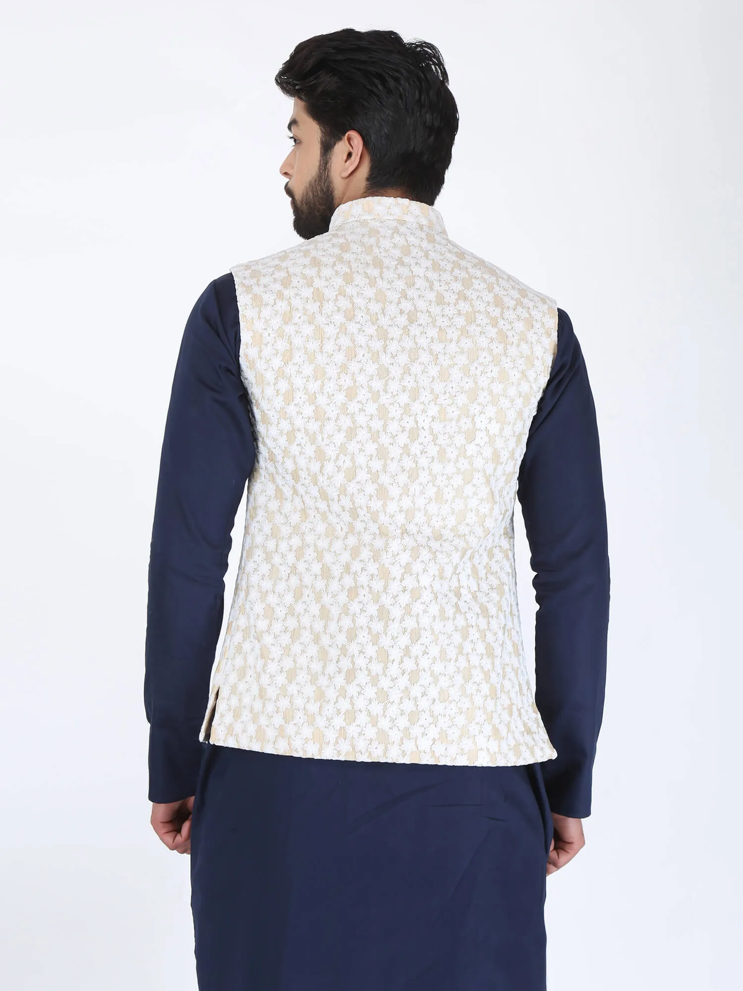 Cream White Flower Work Ethnic Jacket