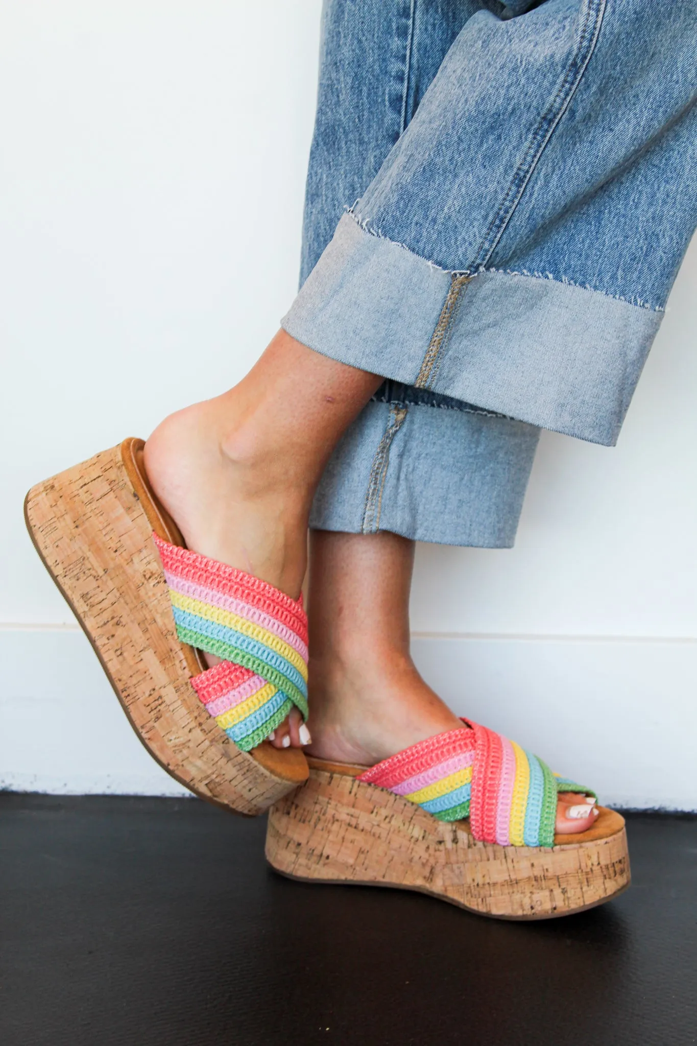 Crossover Cork Heel Sandals- Multi