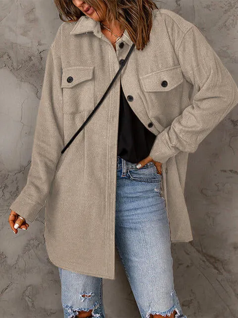 Drop Shoulder Button Down Collared Longline Shacket Coat