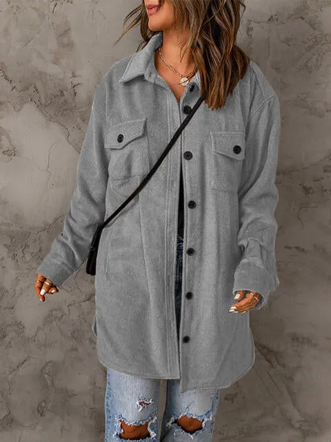 Drop Shoulder Button Down Collared Longline Shacket Coat