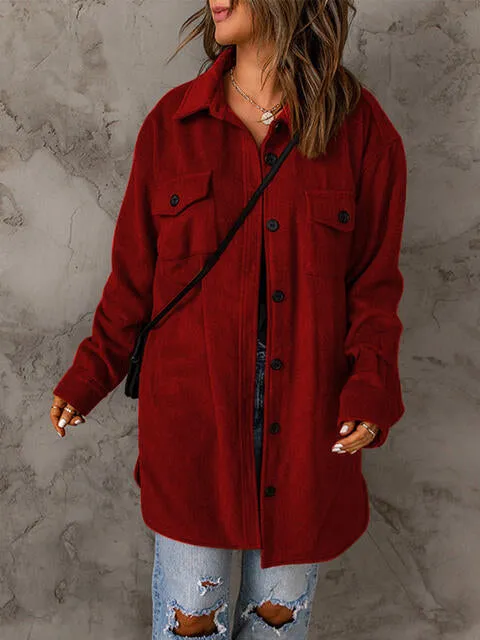 Drop Shoulder Button Down Collared Longline Shacket Coat