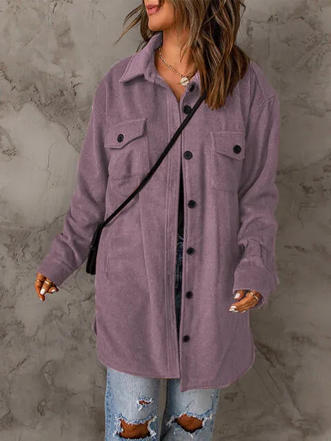 Drop Shoulder Button Down Collared Longline Shacket Coat