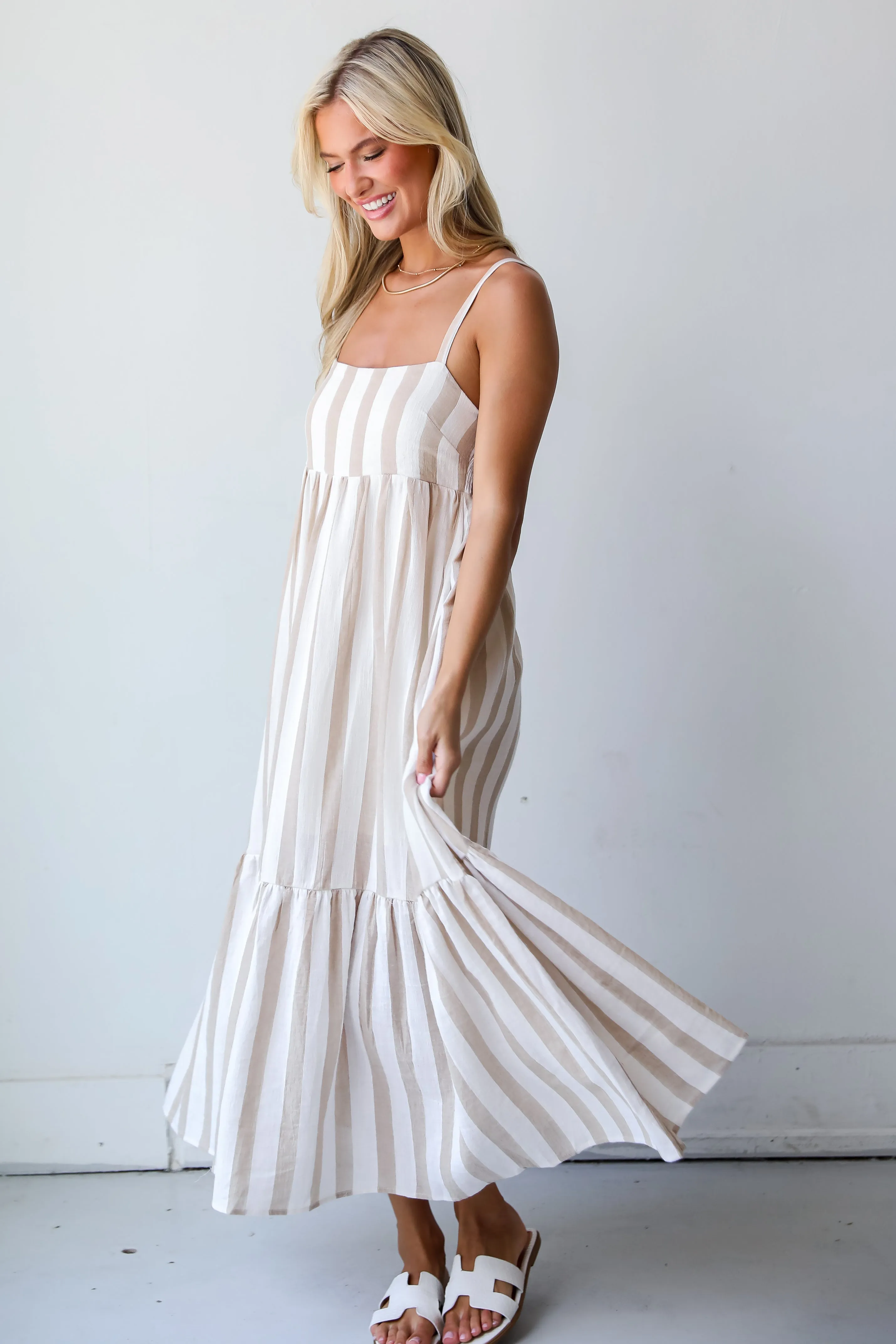 FINAL SALE - Effective Charm Taupe Striped Maxi Dress