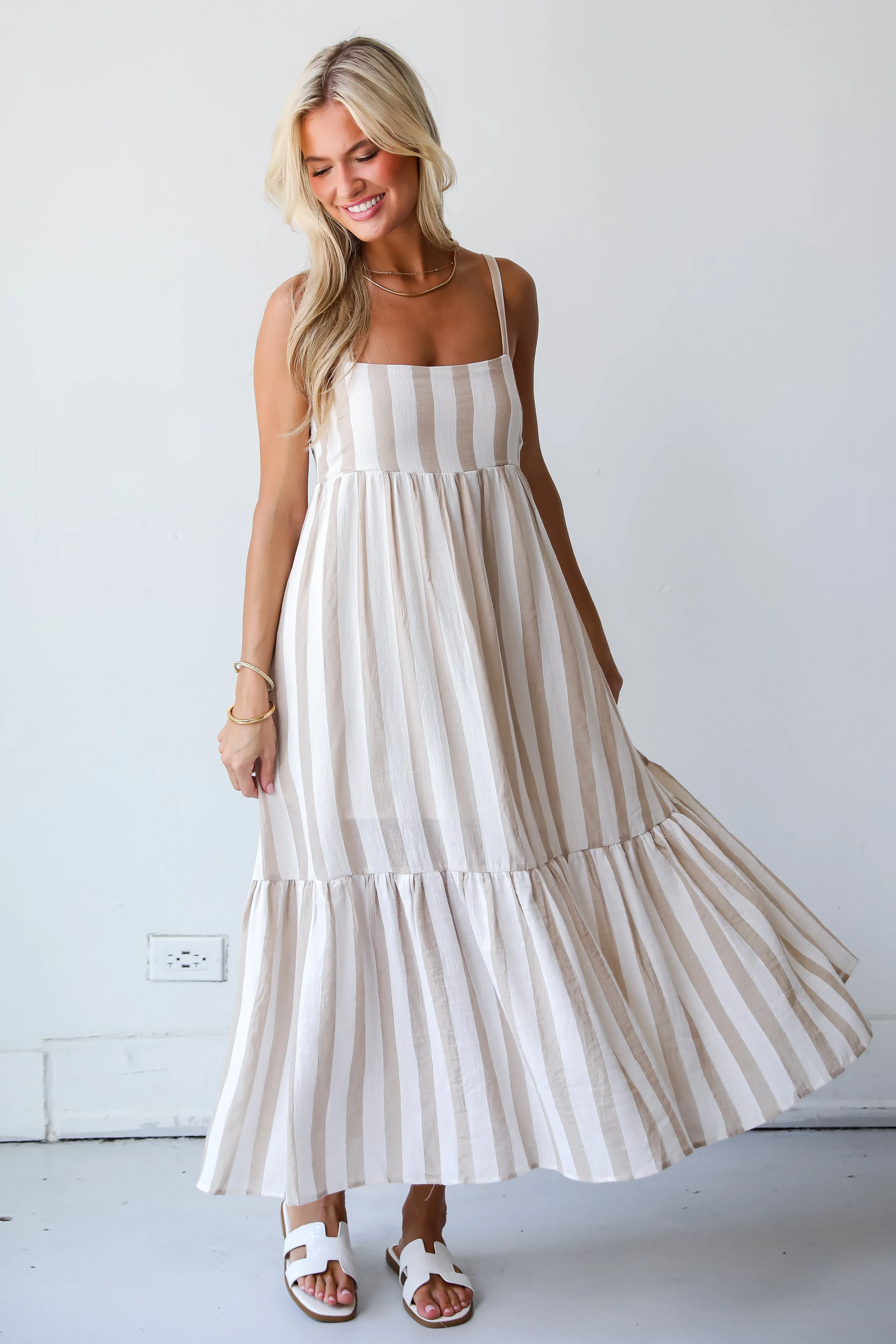 FINAL SALE - Effective Charm Taupe Striped Maxi Dress