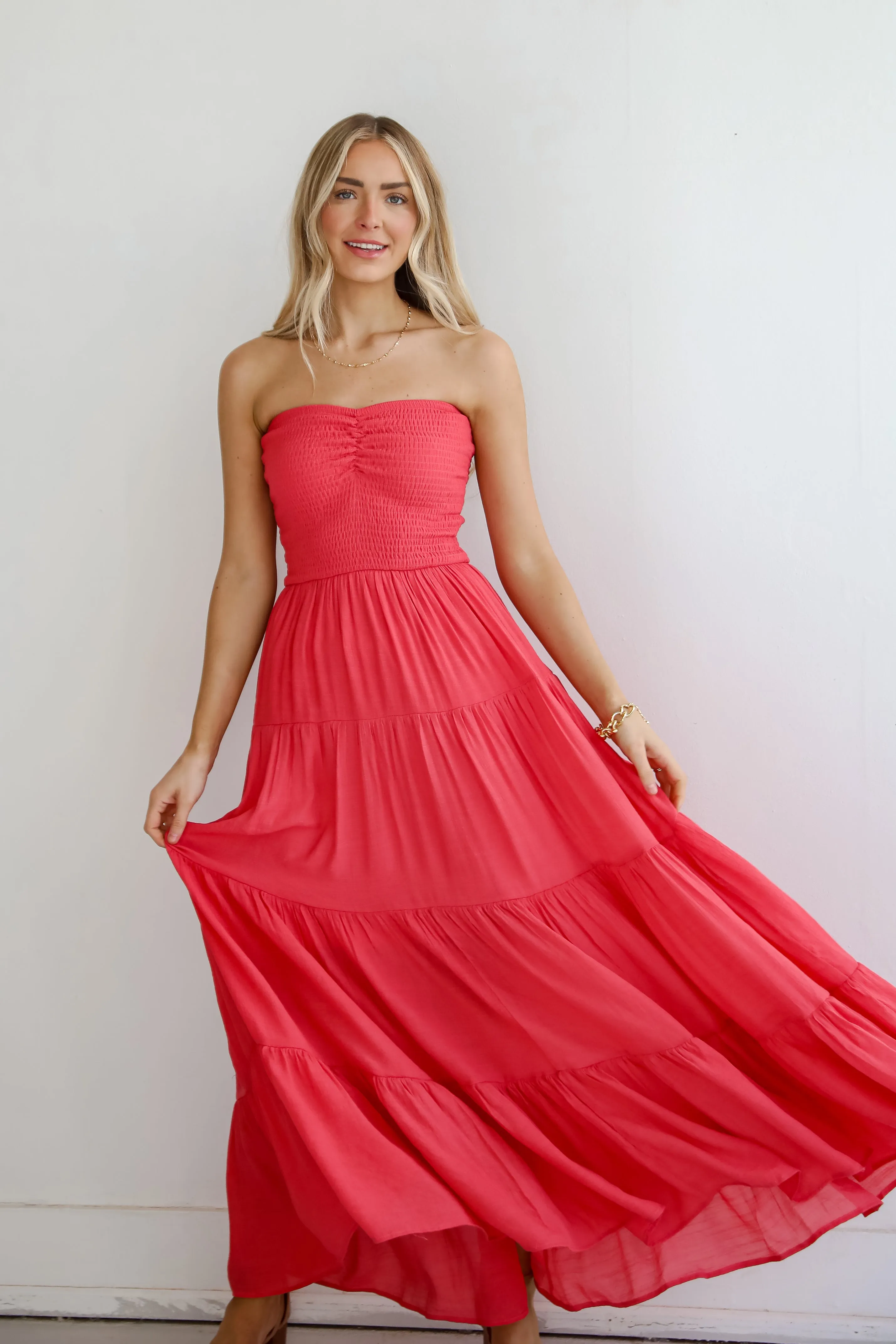 FINAL SALE - Getaway Mood Coral Strapless Tiered Maxi Dress - DU DEAL