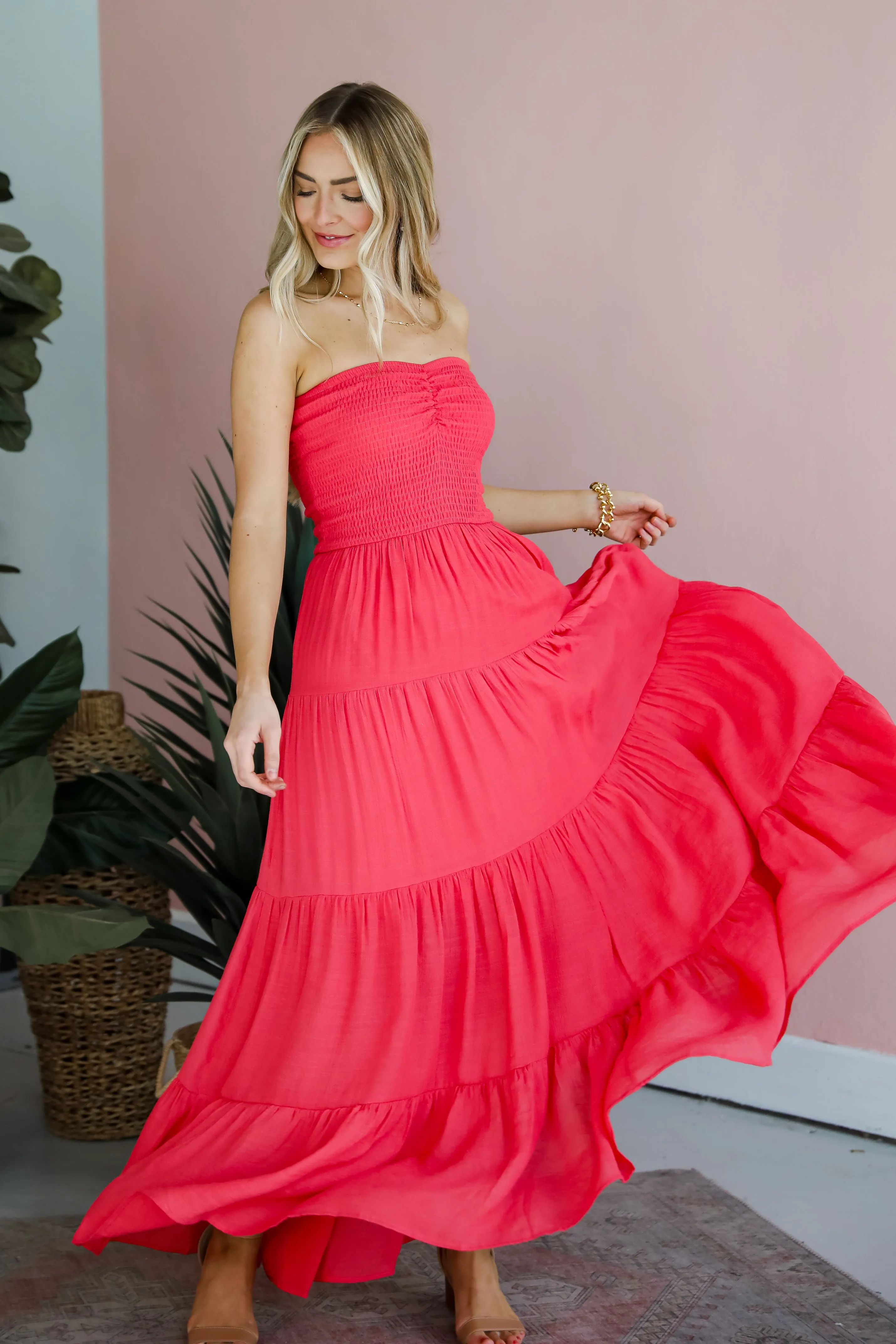 FINAL SALE - Getaway Mood Coral Strapless Tiered Maxi Dress - DU DEAL