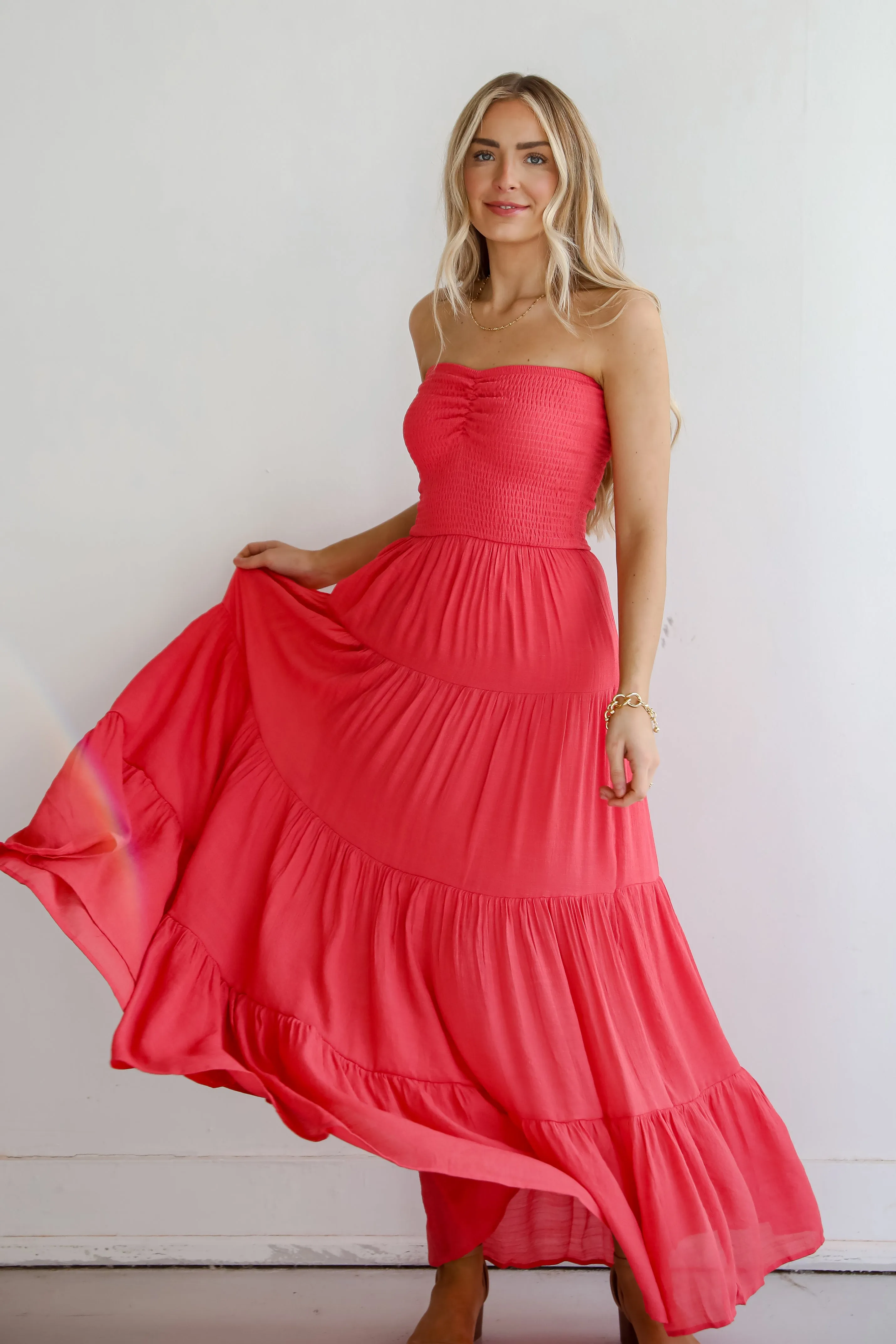 FINAL SALE - Getaway Mood Coral Strapless Tiered Maxi Dress - DU DEAL