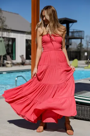 FINAL SALE - Getaway Mood Coral Strapless Tiered Maxi Dress - DU DEAL