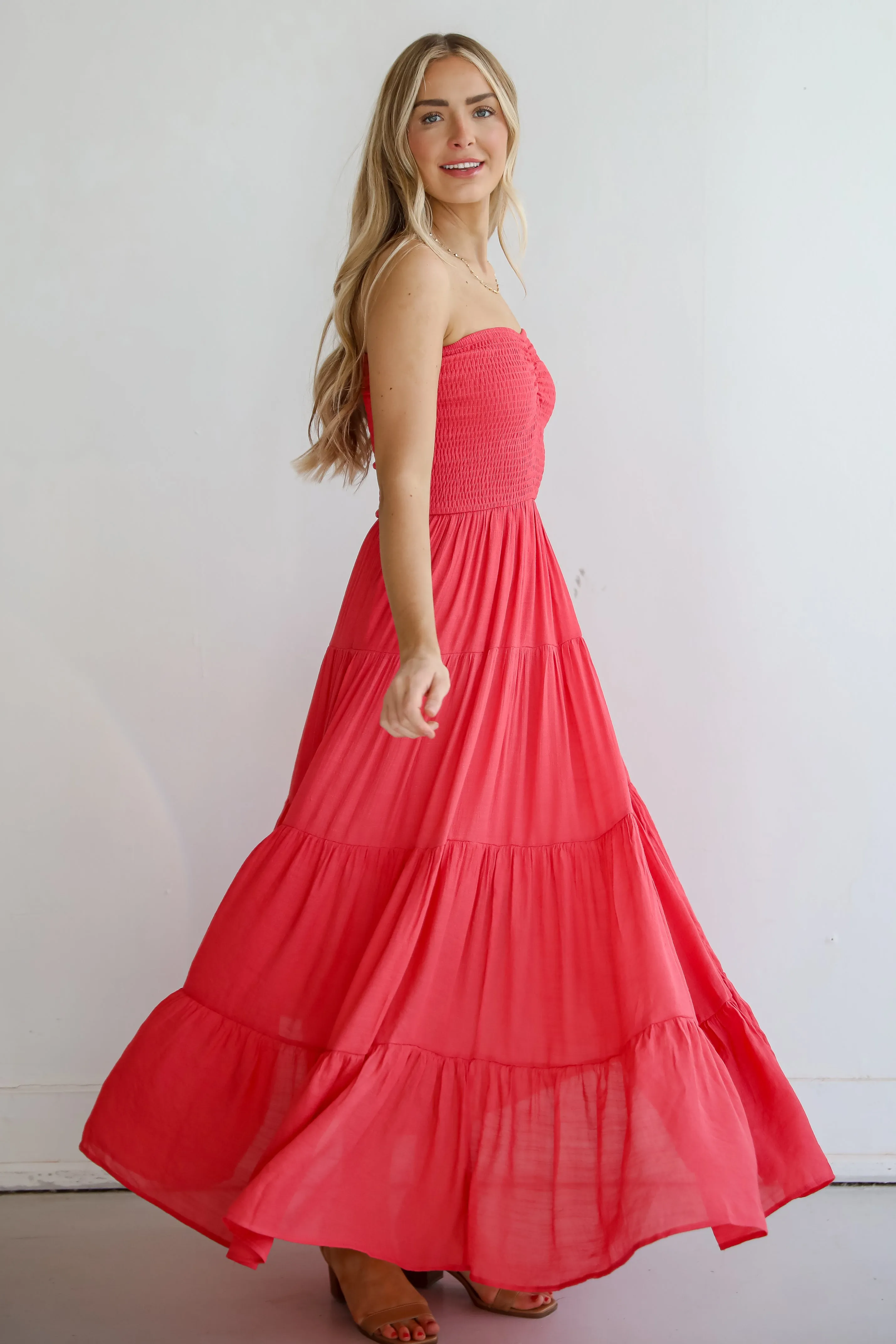 FINAL SALE - Getaway Mood Coral Strapless Tiered Maxi Dress - DU DEAL