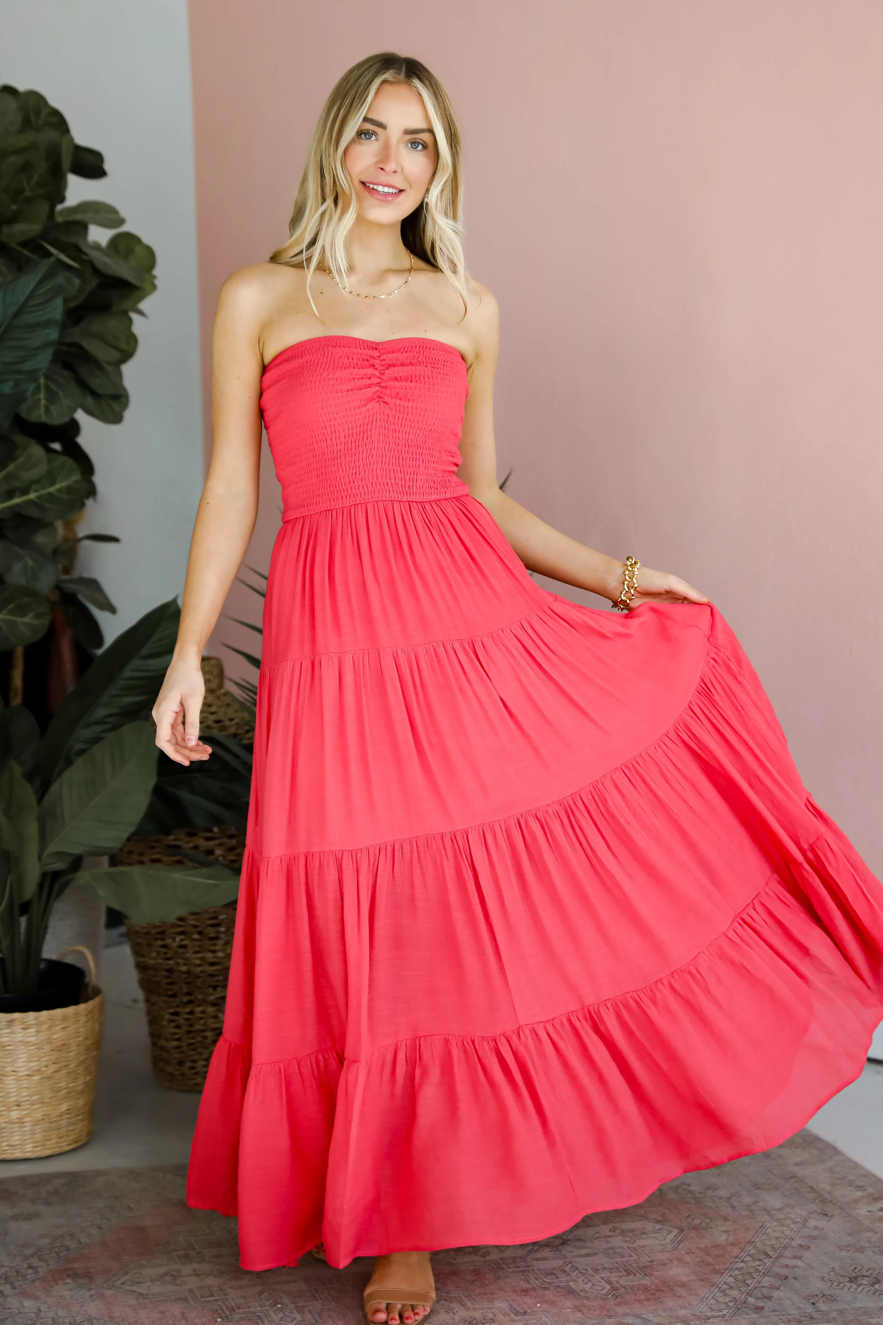 FINAL SALE - Getaway Mood Coral Strapless Tiered Maxi Dress - DU DEAL