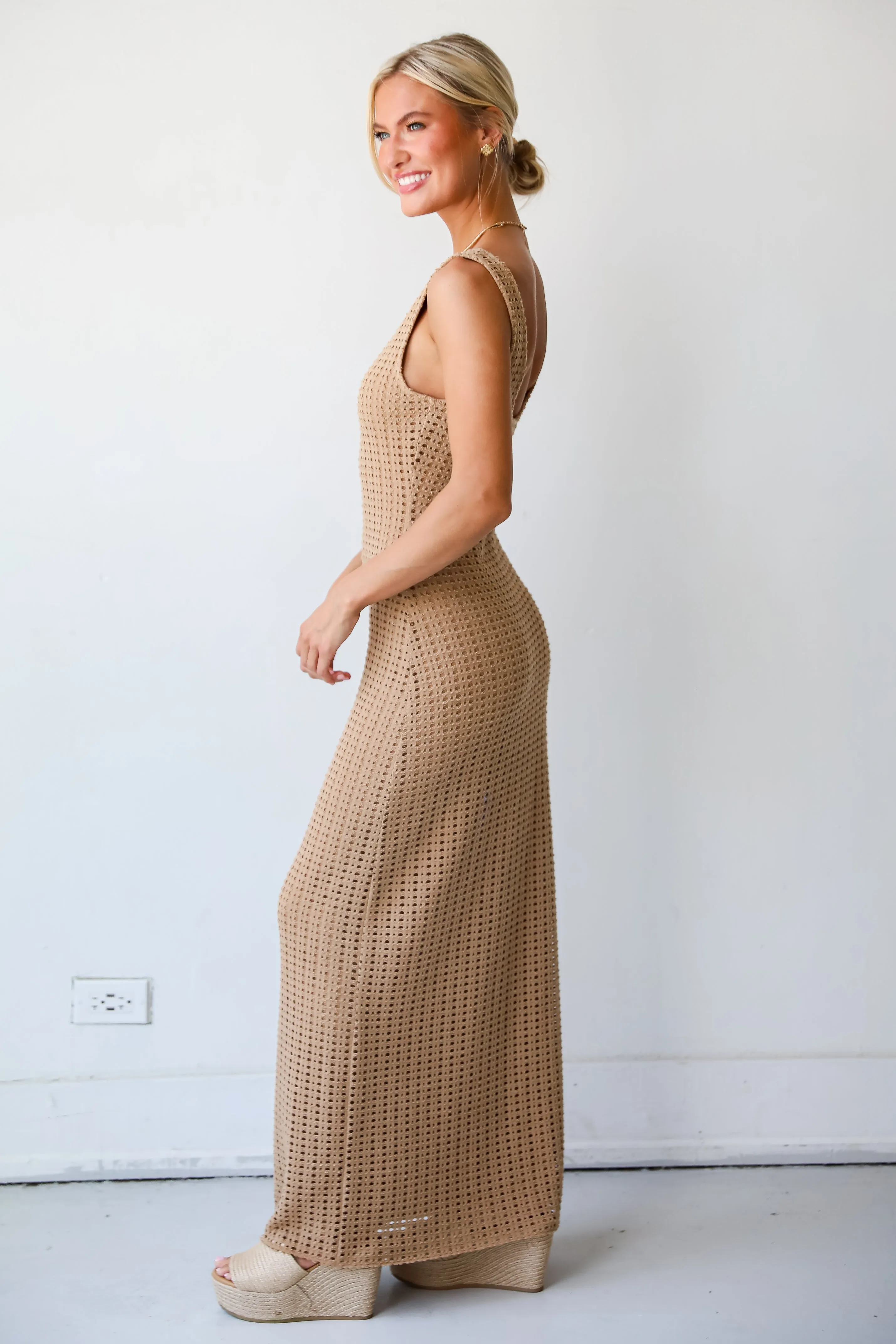 FINAL SALE - Infinite Sunshine Taupe Crochet Knit Maxi Dress