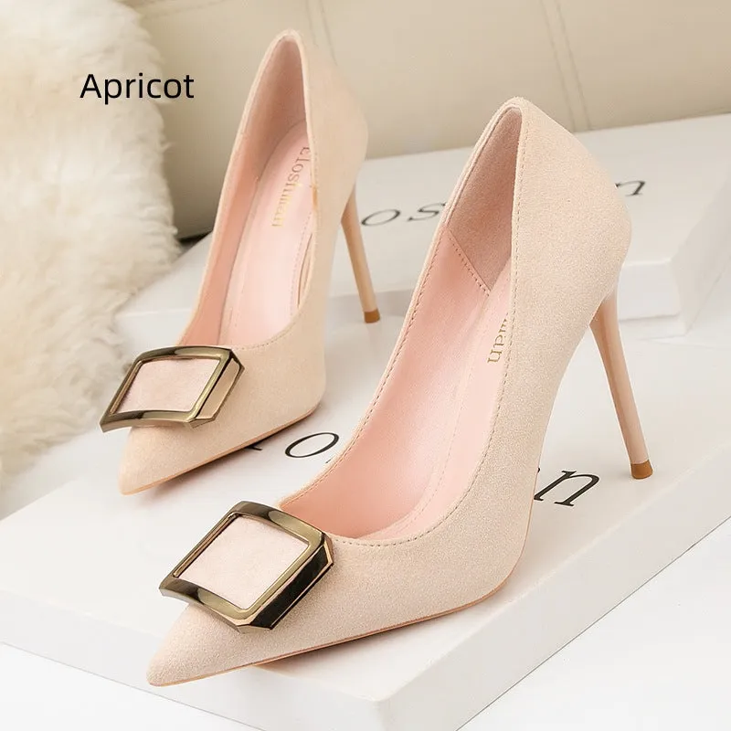 Fine-heeled Suede Metal Square Buckle Shoes