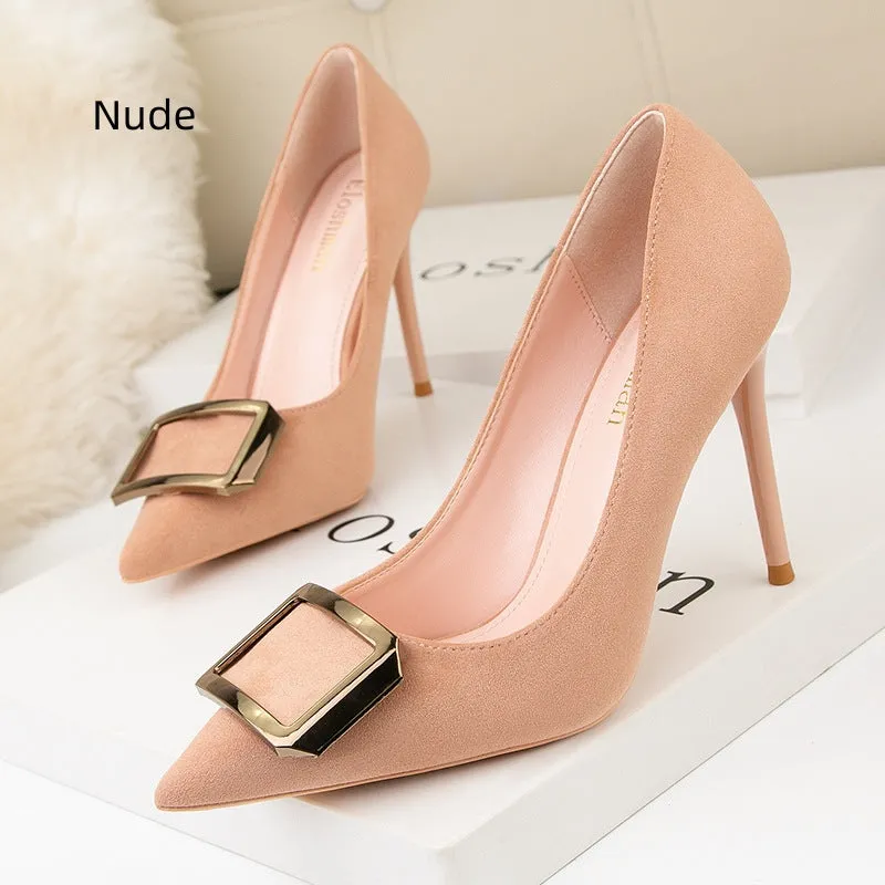 Fine-heeled Suede Metal Square Buckle Shoes