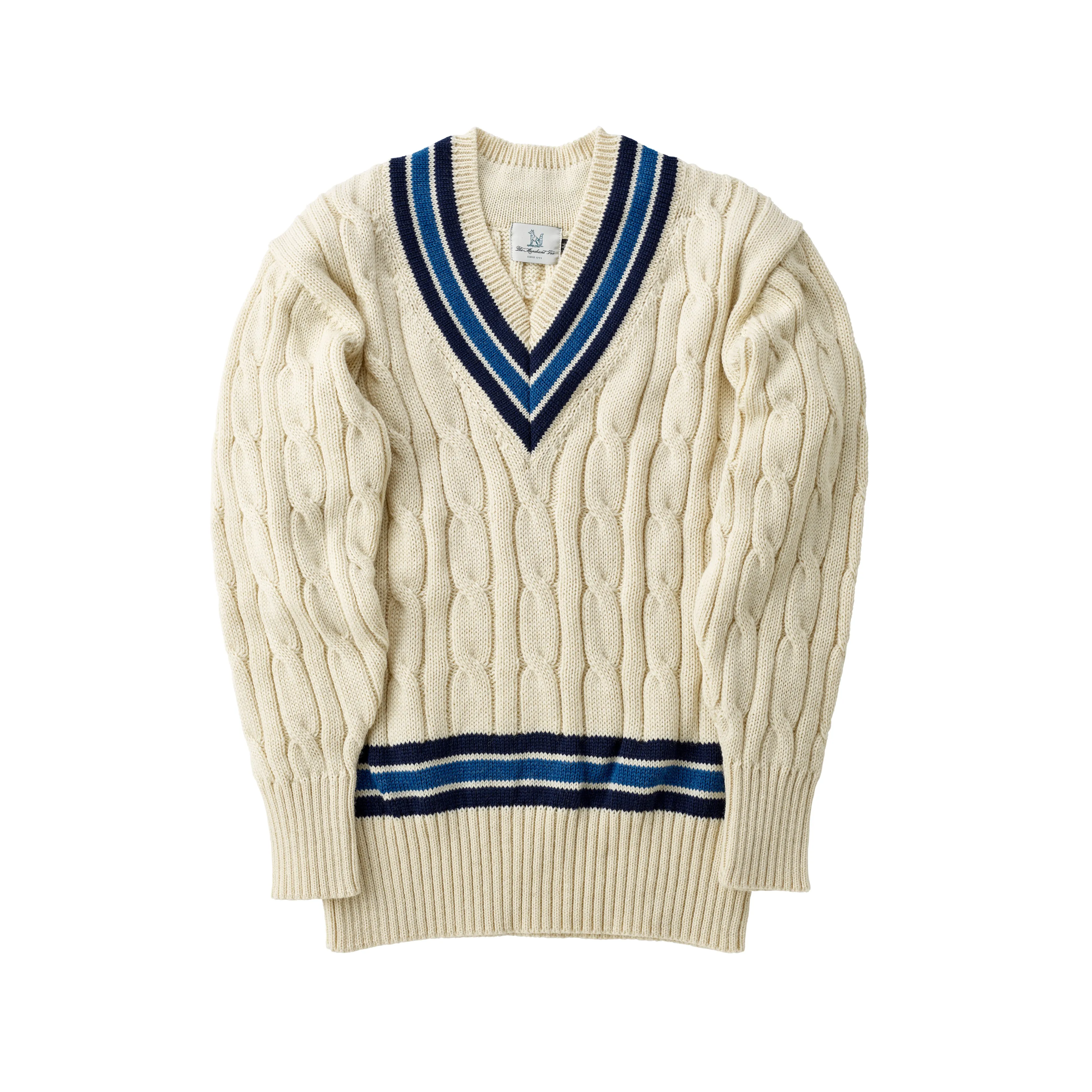 Fox Cricket Club Ecru Sweater with Navy & Sky Blue Stripes