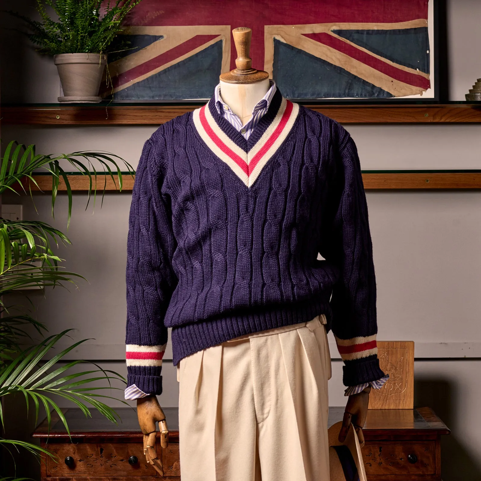 Fox Cricket Club Navy Sweater with Red & White Stripes