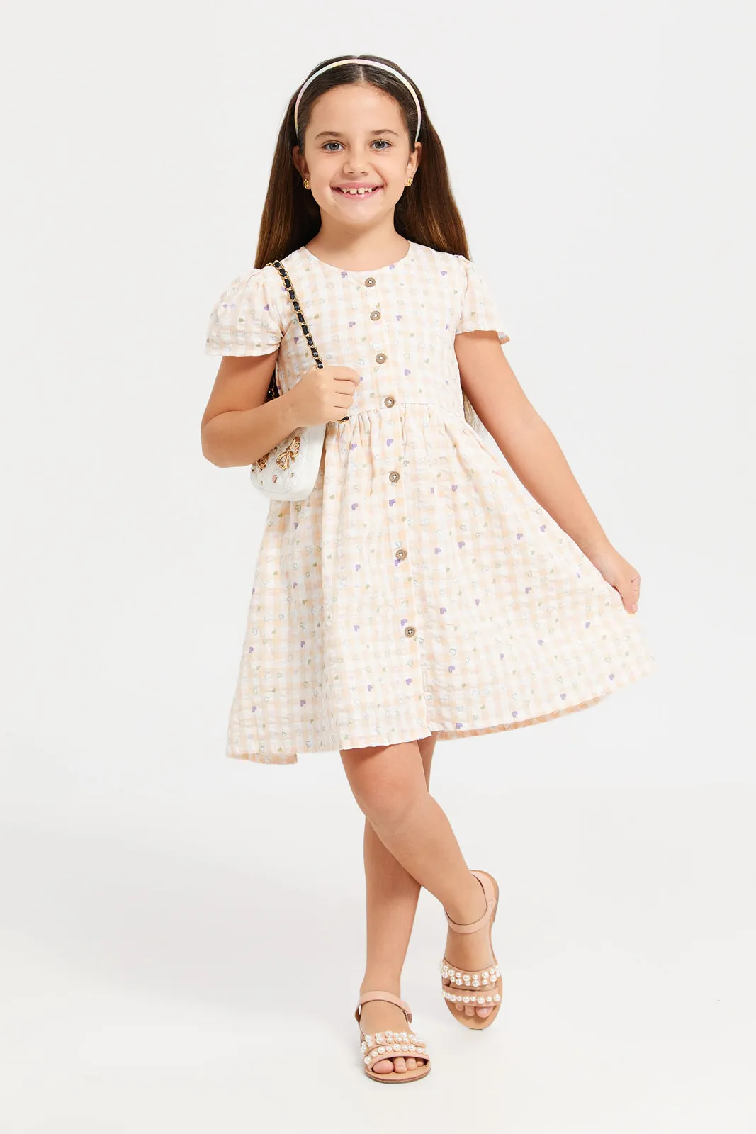 Girls Orange Printed Seersucker Front Open Dress