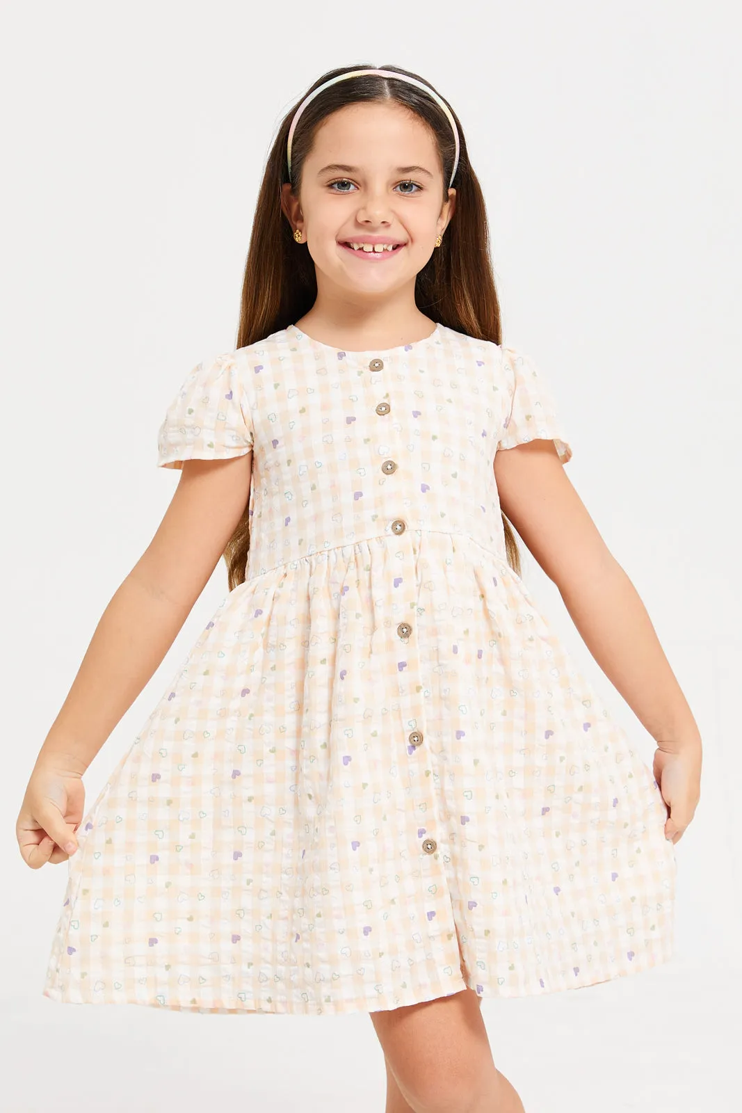 Girls Orange Printed Seersucker Front Open Dress