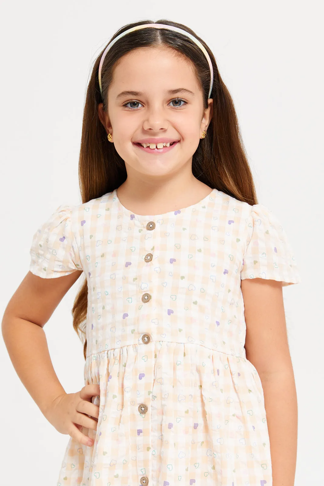 Girls Orange Printed Seersucker Front Open Dress