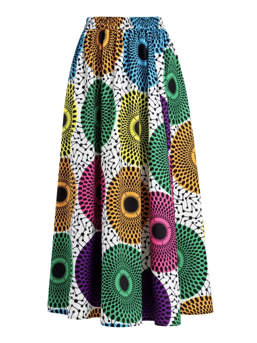 Graphic Print Elastic Waist Skirt, Elegant Flared Maxi Skirt For Spring & Summer