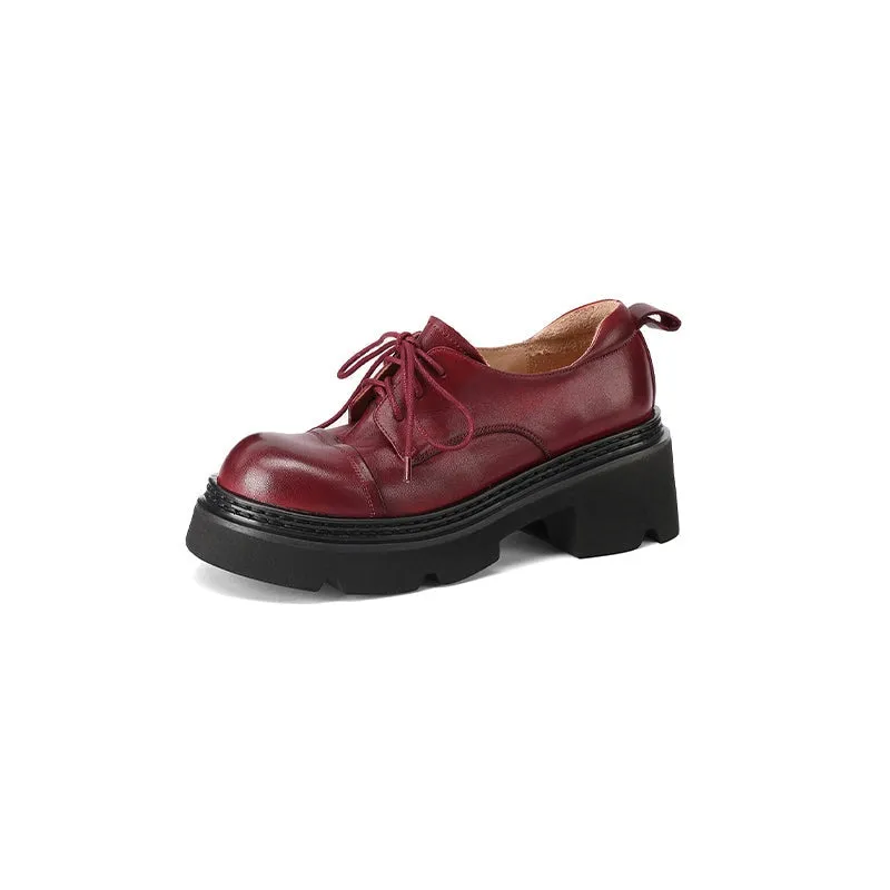 Handmade Genuine Leather Platform Oxford Shoes Round Toe in Black/Burgundy/Dark Brown/Khaki