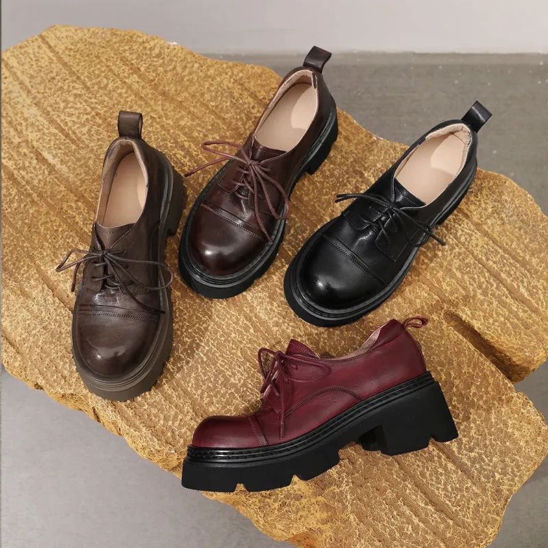 Handmade Genuine Leather Platform Oxford Shoes Round Toe in Black/Burgundy/Dark Brown/Khaki